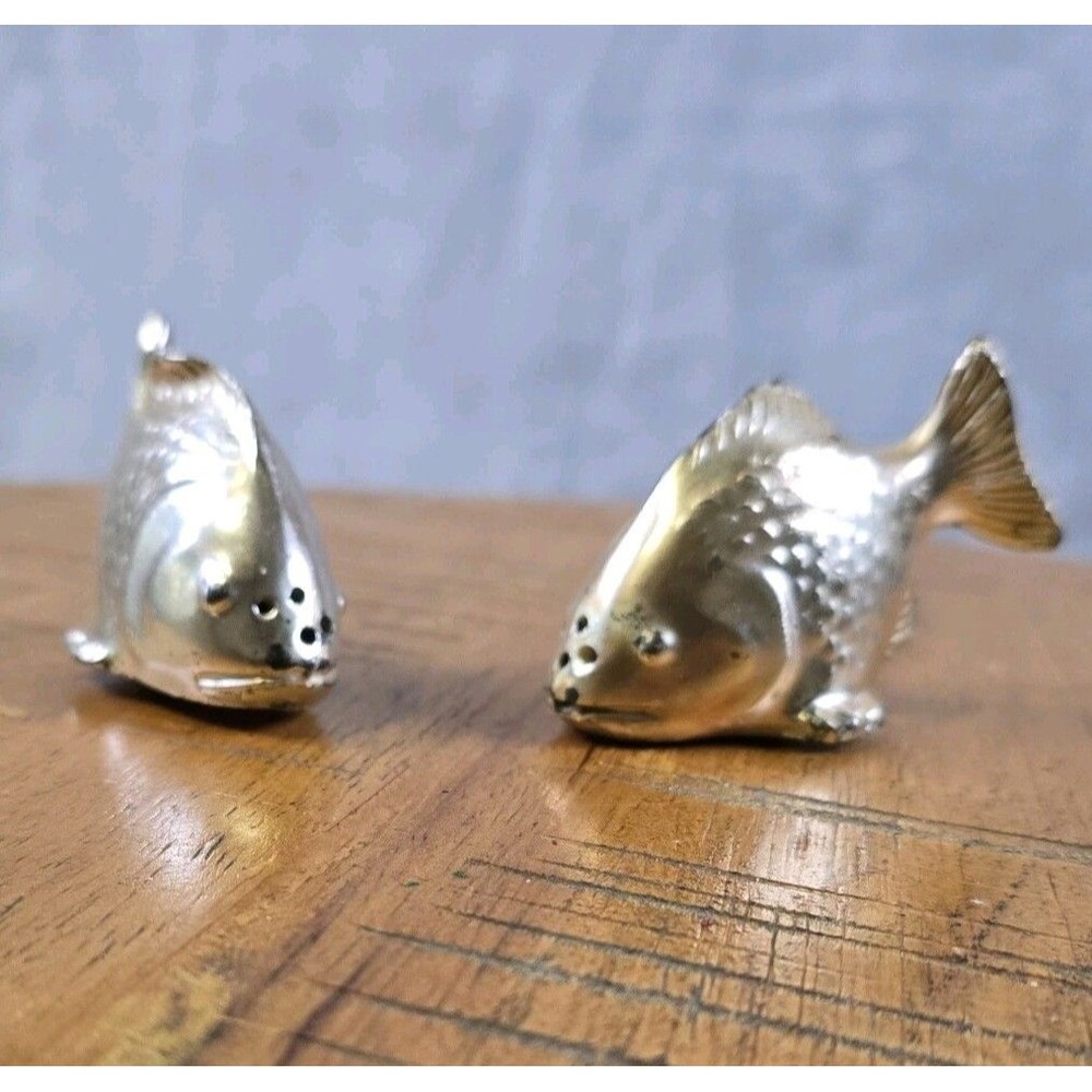 Vintage Metal Goldfish Salt & Pepper Shakers Gold Plated
